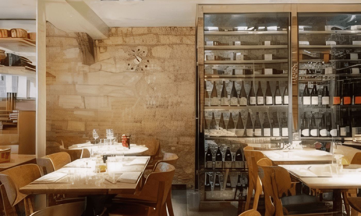 Salle du restaurant Le Villaret à Paris avec cave à vins vitrée